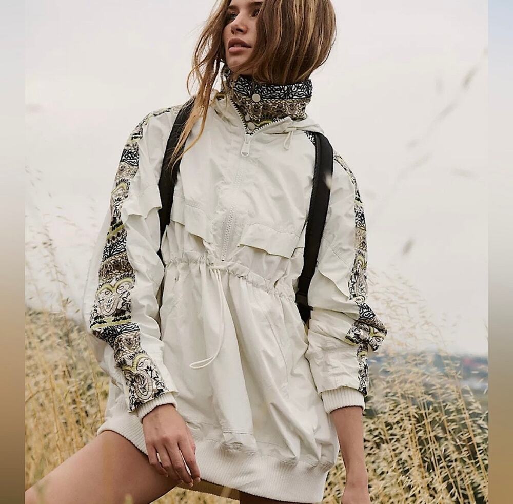 Free People She Fly Jacket Coat White Hood Layered Embroidered Aztec XS Oversize
